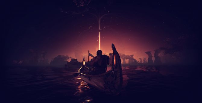 Kratos, boat riding, God of War, gaming art wallpaper