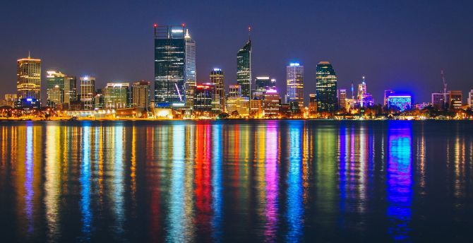 Cityscape, buildings, colorful, reflections, night wallpaper