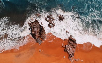 Aerial view, waves, tide, rocks, coast