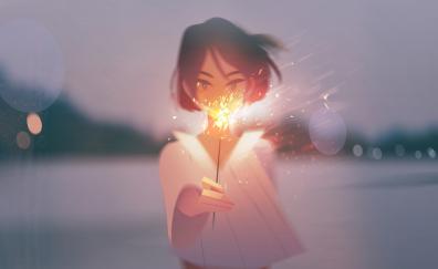 Anime girl with sparkler, original, anime