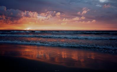 Sunset, sea waves, horizon, sea, waves