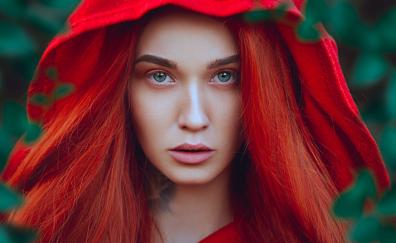 Red hood, woman, aqua eyes, model
