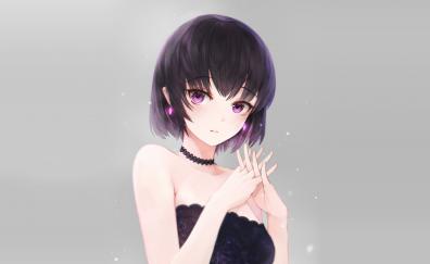 Beautiful, anime girl, bare shoulder, violet eyes