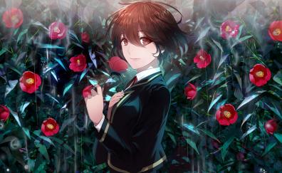 Flowers, outdoor, beautiful, anime girl