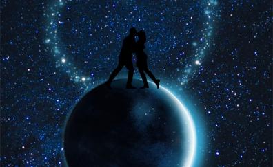Starry sky, couple, silhouettes, love, planet