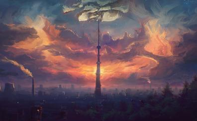 Cityscape, clouds, city tower, fantasy