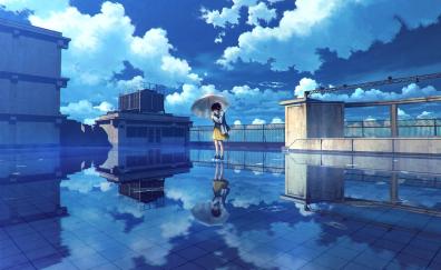 Water, reflections, anime girl, clouds, original