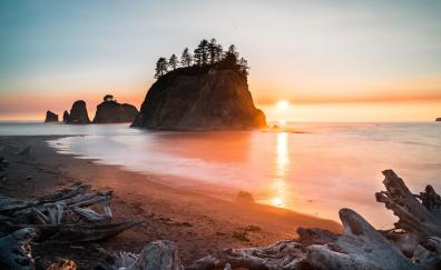 Coast, reflections, sunrise, cliff