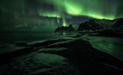 Landscape, aurora borealis, night, green lights, sky