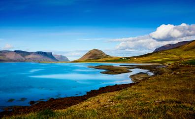 Beautiful lake and mountains, sunny day, landscape, Iceland lake