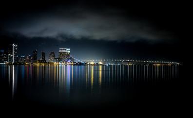 Night, waterfront, bridge, lights