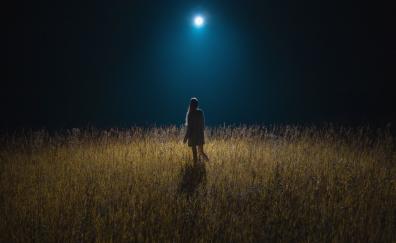 Girl on field, silhouette, night