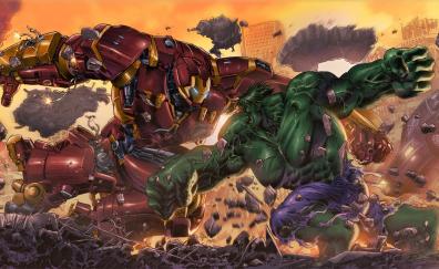 Iron man, hulkbuster vs hulk, fight, superheros, artwork