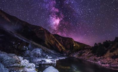 Starry sky, mountains, river, night