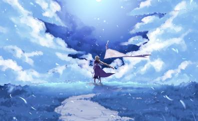 Fate/Grand order, ruler, anime girl, landscape, clouds, art