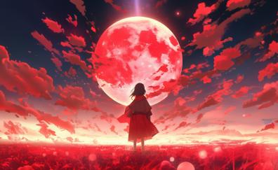 A world full of red, moon, anime