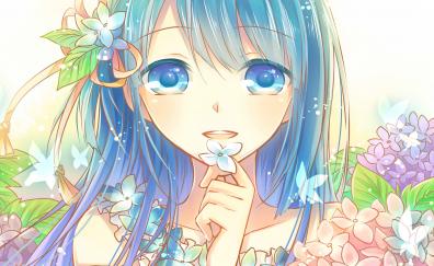 Blue eyes, anime girl and flowers, original