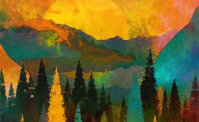 Sunset, forest, tree, illustration, art