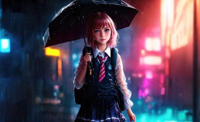 School girl with umbrella, rain, cute and beautiful