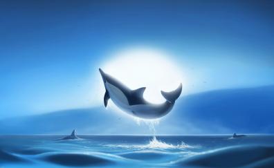 Whale fish, jump, sea and moon, silhouette, art