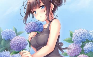 Flowers, blue, cute anime girl