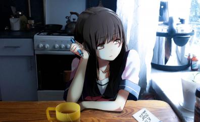 Kitchen, anime girl, thinking