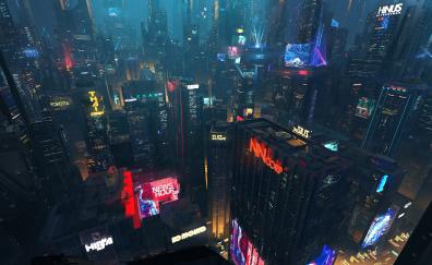Cityscape, futuristic city, night, buildings, dark