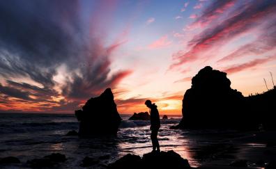 Man, outdoor, silhouette, coast, rocks, sunset
