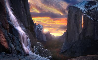 Horsetail falls, waterfall, nature, sunset