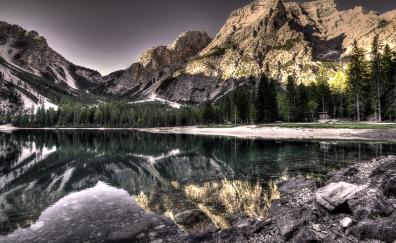Nature, lake, rocks, forest, mountains, reflections