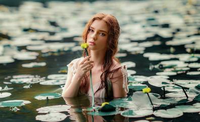 Girl with flowers, outdoor, lake