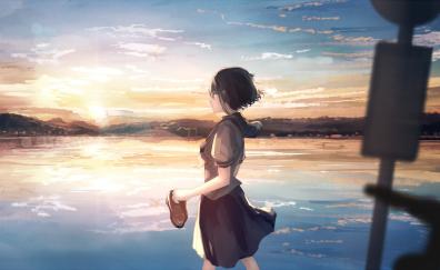 Lake, sunset, cute anime girl, school dress