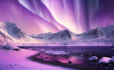 Pink-purple sky, glacier, lake, northern lights, art
