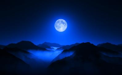 Moon night, mountain range, horizon, blue sky, night