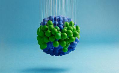 Colorful, blue-green balls, hanging, abstract, interior art