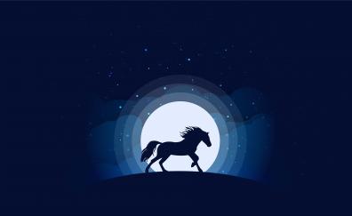 Horse, moon, silhouette, blue dark, minimal