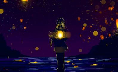 Anime girl, lanterns, silhouette, lonely, night out