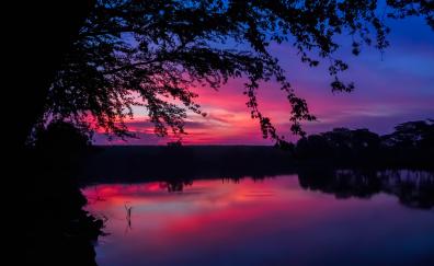 Twilight, sunset, colorful, sky, lake, nature
