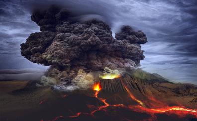 Eruption, volcano, clouds
