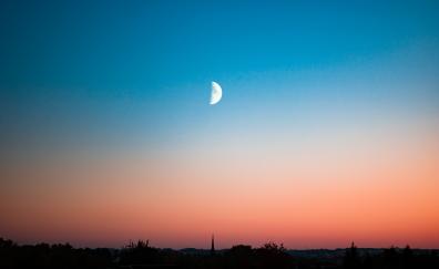 Half moon, landscape, sky, minimal, sunset
