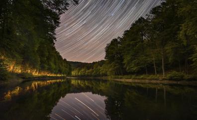 Lake, reflections, star trail, trees