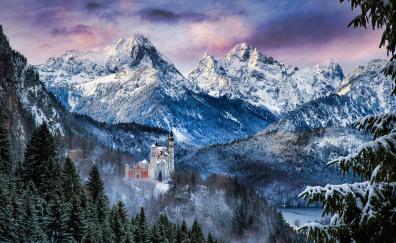 Neuschwanstein Castle, mountains, winter, nature