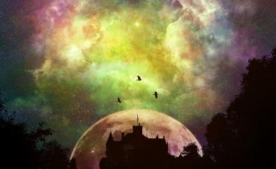 Castle, moon, mystical, colorful sky, fantasy