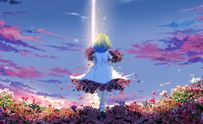 Anime girl, spring, meadow, flowers, girly