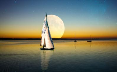 Moon, sailing boat, sea, sunset