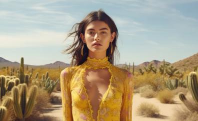 Outdoor, girl model, a vibrant yellow dress, brunette