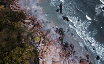 Rocks, aerial shot, waves, beach