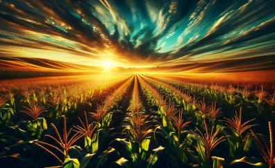 Corn farm, landscape, sunset, art