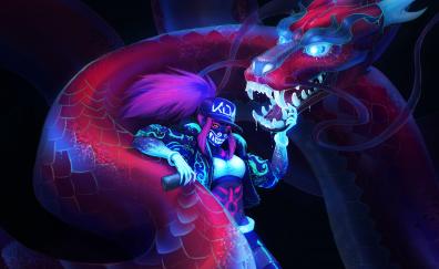 Akali, League of Legends and dragon, artwork