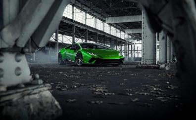 Green Lamborghini Huracan, sports car
